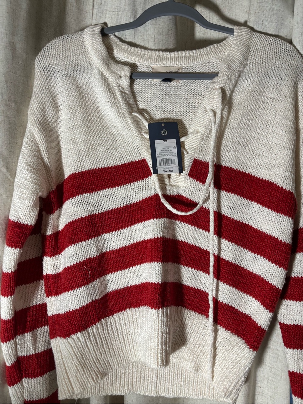 Universal Thread Cream and Red Striped Lace-Up Crew Sweater